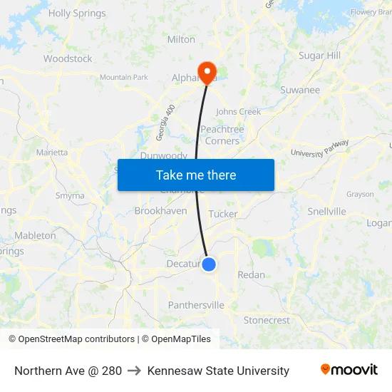 Northern Ave @ 280 to Kennesaw State University map