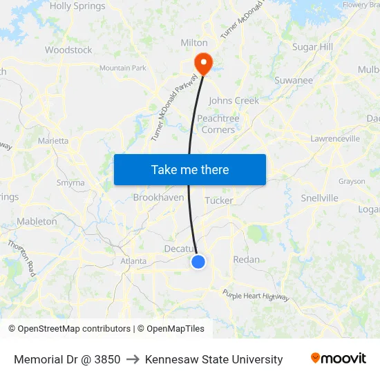 Memorial Dr @ 3850 to Kennesaw State University map