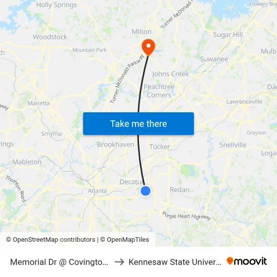 Memorial Dr @ Covington Dr to Kennesaw State University map