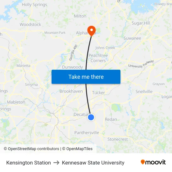 Kensington Station to Kennesaw State University map