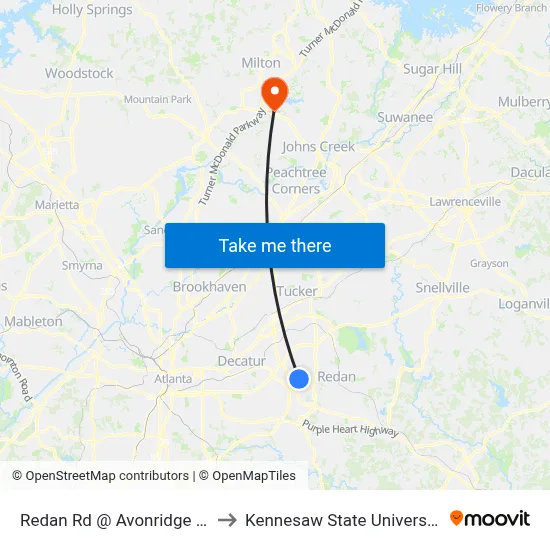 Redan Rd @ Avonridge Dr to Kennesaw State University map