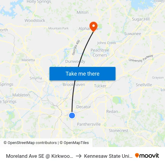 Moreland Ave SE @ Kirkwood Ave SE to Kennesaw State University map