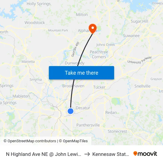 N Highland Ave NE @ John Lewis Freedom Pkwy NE to Kennesaw State University map