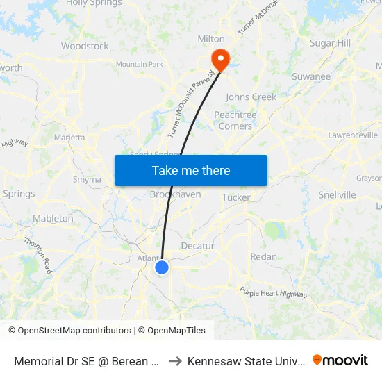 Memorial Dr SE @ Berean Ave SE to Kennesaw State University map