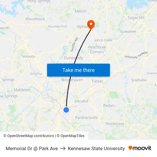 Memorial Dr @ Park Ave to Kennesaw State University map
