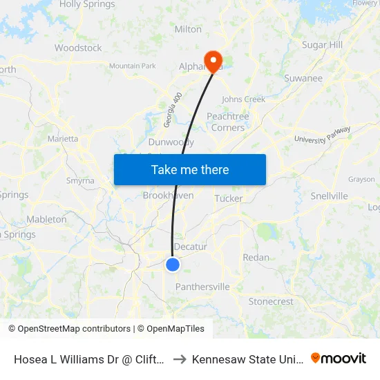 Hosea L Williams Dr @ Clifton St NE to Kennesaw State University map