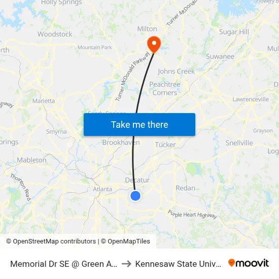 Memorial Dr SE @ Green Ave SE to Kennesaw State University map
