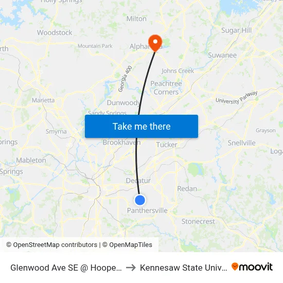 Glenwood Ave SE @ Hooper St SE to Kennesaw State University map