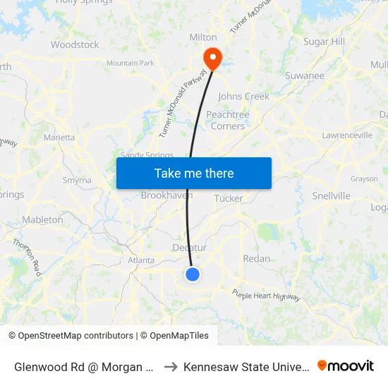 Glenwood Rd @ Morgan Pl SE to Kennesaw State University map