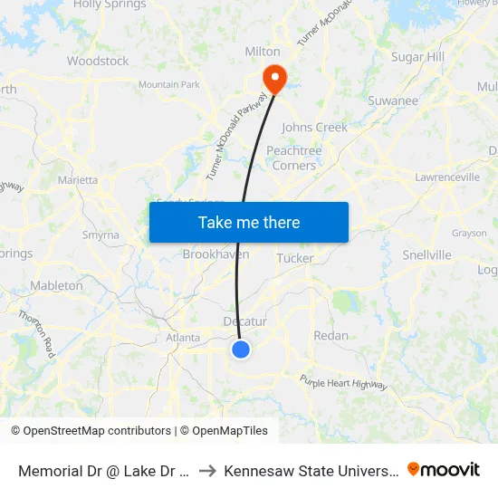Memorial Dr @ Lake Dr SE to Kennesaw State University map