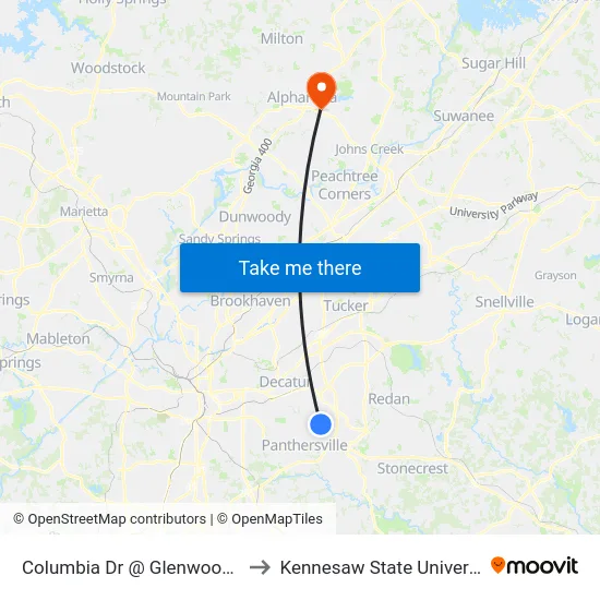 Columbia Dr @ Glenwood Rd to Kennesaw State University map