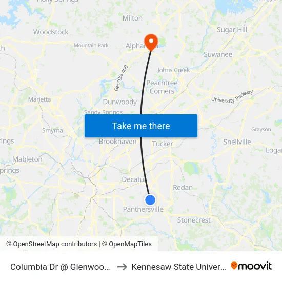 Columbia Dr @ Glenwood Rd to Kennesaw State University map