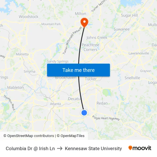 Columbia Dr @ Irish Ln to Kennesaw State University map