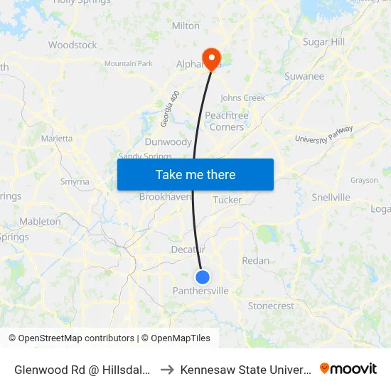 Glenwood Rd @ Hillsdale Dr to Kennesaw State University map