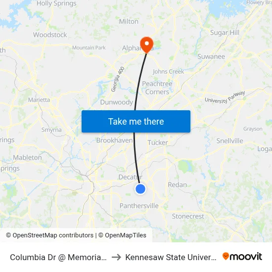 Columbia Dr @ Memorial Dr to Kennesaw State University map