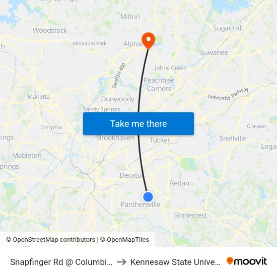 Snapfinger Rd @ Columbia Dr to Kennesaw State University map