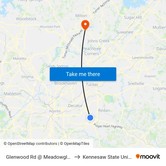 Glenwood Rd @ Meadowglades Dr to Kennesaw State University map