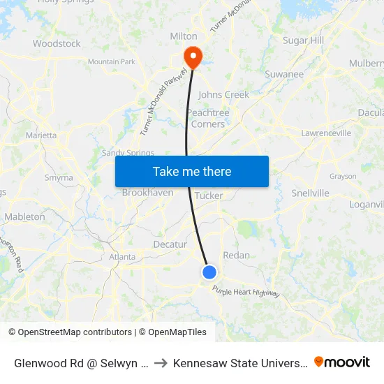 Glenwood Rd @ Selwyn Dr to Kennesaw State University map