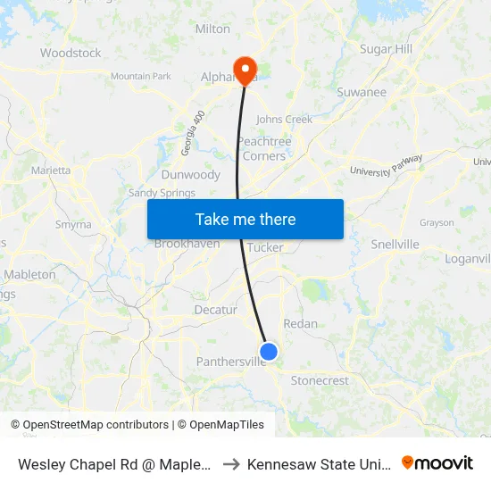 Wesley Chapel Rd @ Maplewood Dr to Kennesaw State University map