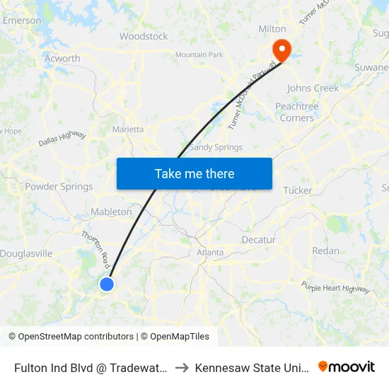 Fulton Ind Blvd @ Tradewater Pkwy to Kennesaw State University map
