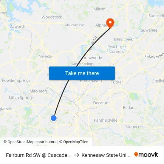 Fairburn Rd SW @ Cascade Rd SW to Kennesaw State University map