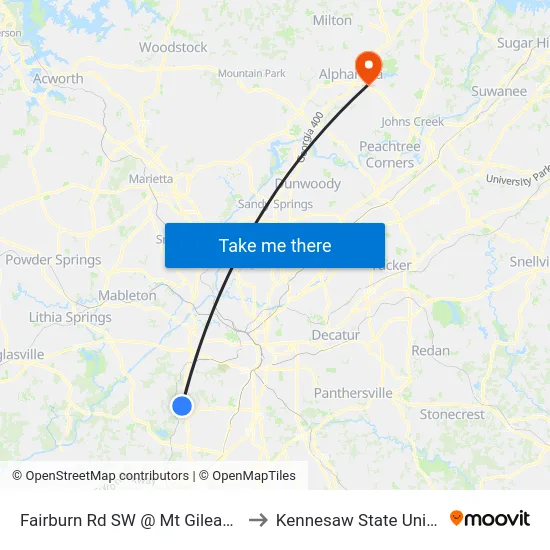 Fairburn Rd SW @ Mt Gilead Rd SW to Kennesaw State University map