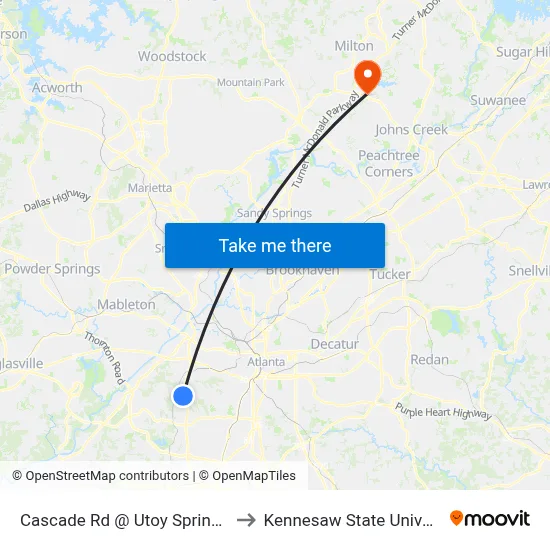 Cascade Rd @ Utoy Springs Rd to Kennesaw State University map