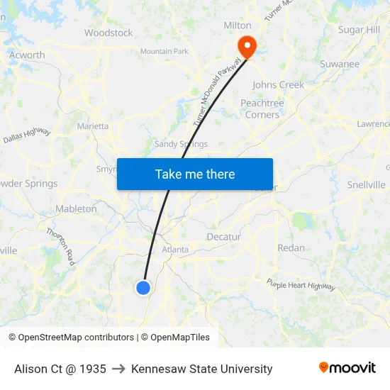 Alison Ct @ 1935 to Kennesaw State University map