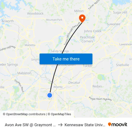 Avon Ave SW @ Graymont Dr SW to Kennesaw State University map