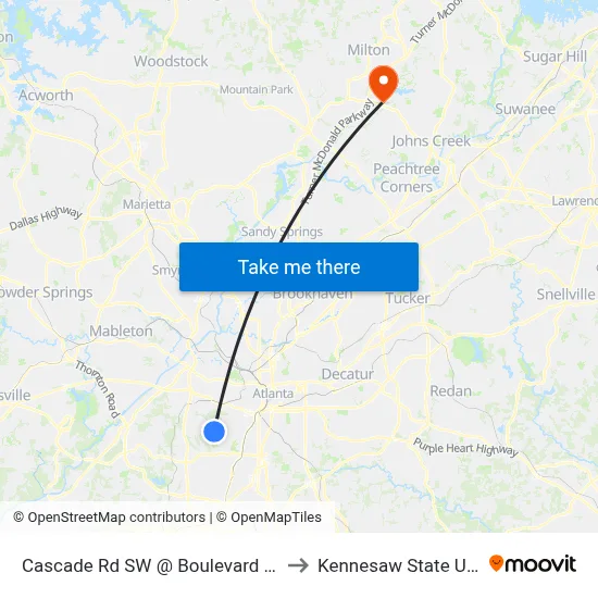 Cascade Rd SW @ Boulevard Granada SW to Kennesaw State University map