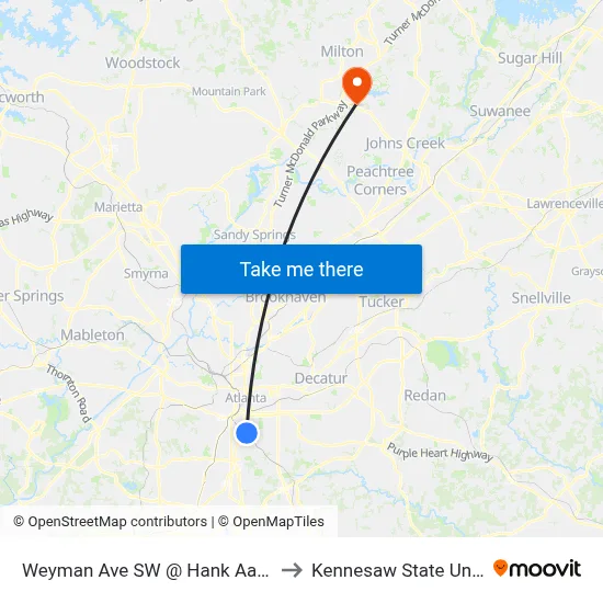 Weyman Ave SW @ Hank Aaron Dr SW to Kennesaw State University map