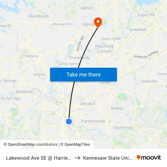 Lakewood Ave SE @ Harriett St SE to Kennesaw State University map