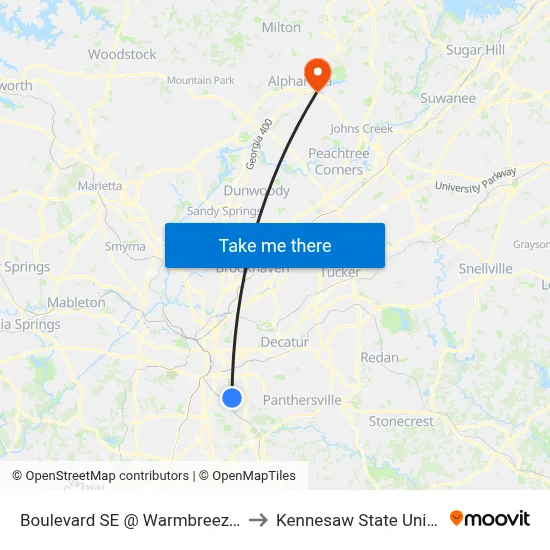Boulevard SE @ Warmbreeze Rd SE to Kennesaw State University map