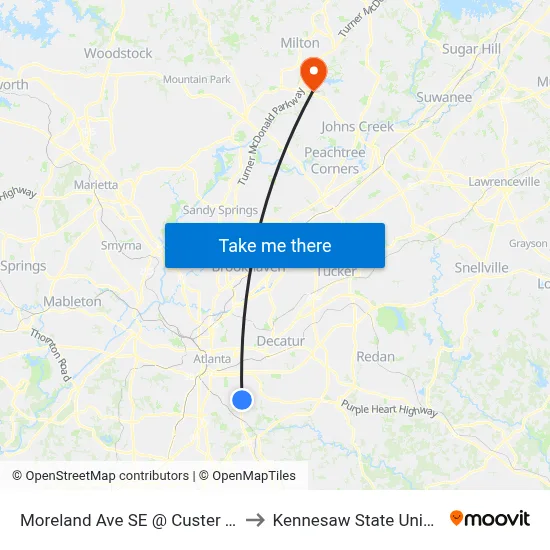 Moreland Ave SE @ Custer Ave SE to Kennesaw State University map