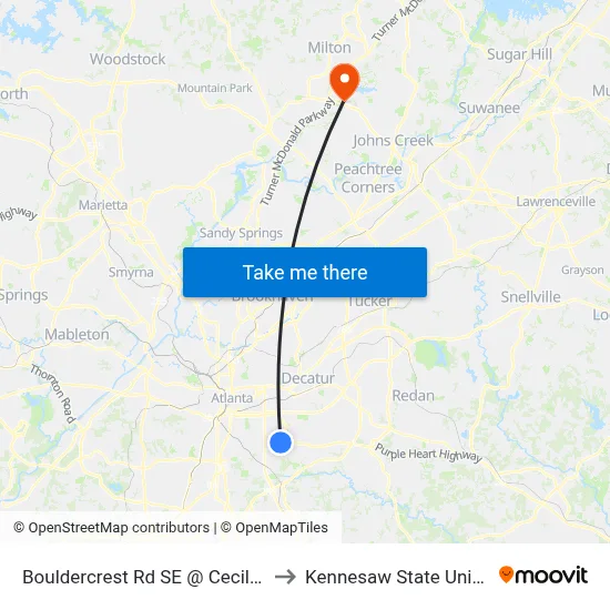 Bouldercrest Rd SE @ Cecilia Dr SE to Kennesaw State University map