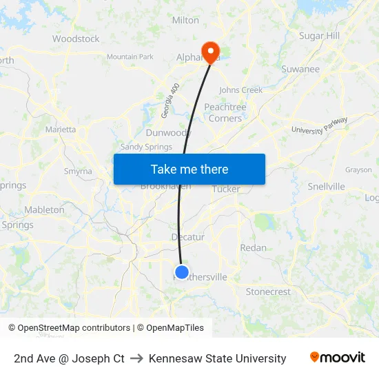 2nd Ave @ Joseph Ct to Kennesaw State University map