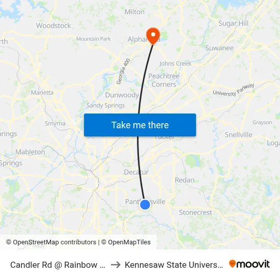 Candler Rd @ Rainbow Dr to Kennesaw State University map