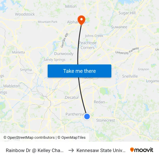 Rainbow Dr @ Kelley Chapel Rd to Kennesaw State University map