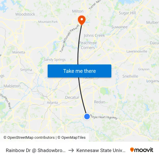 Rainbow Dr @ Shadowbrook Dr to Kennesaw State University map