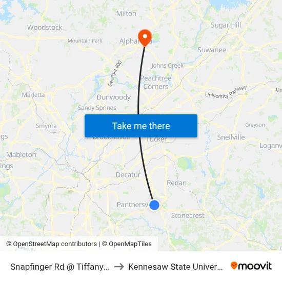 Snapfinger Rd @ Tiffany Dr to Kennesaw State University map