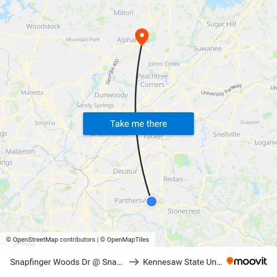 Snapfinger Woods Dr @ Snapfinger Rd to Kennesaw State University map