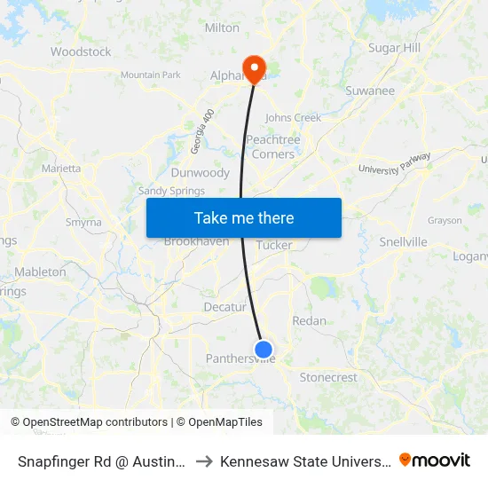 Snapfinger Rd @ Austin Dr to Kennesaw State University map