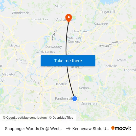 Snapfinger Woods Dr @ Wesley Chapel Rd to Kennesaw State University map