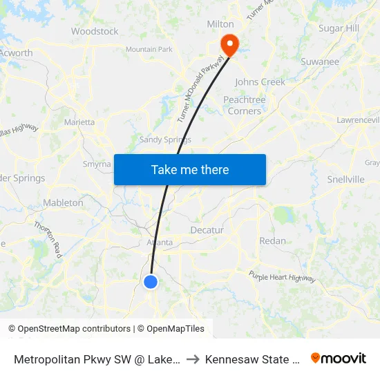 Metropolitan Pkwy SW @ Lakewood Ave SW to Kennesaw State University map