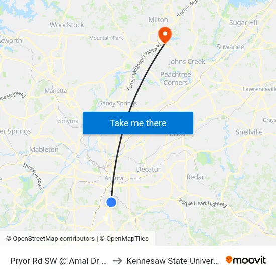 Pryor Rd SW @ Amal Dr SW to Kennesaw State University map