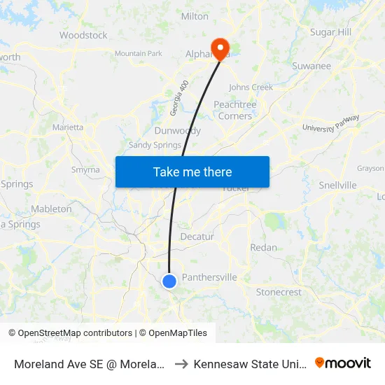 Moreland Ave SE @ Moreland Dr SE to Kennesaw State University map