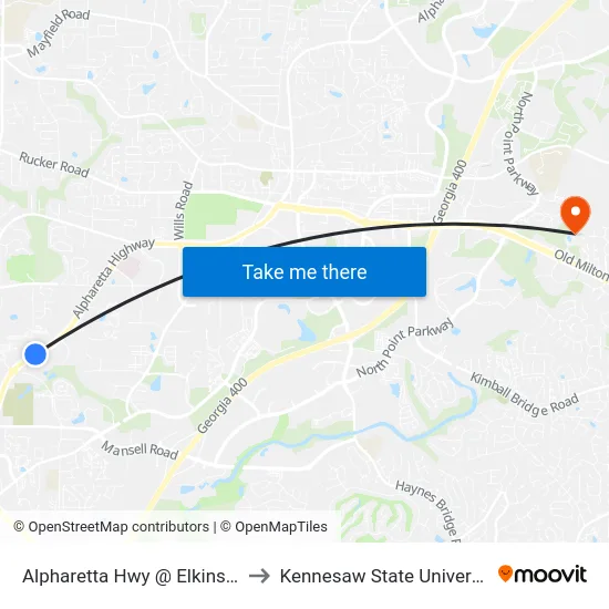 Alpharetta Hwy @ Elkins Rd to Kennesaw State University map
