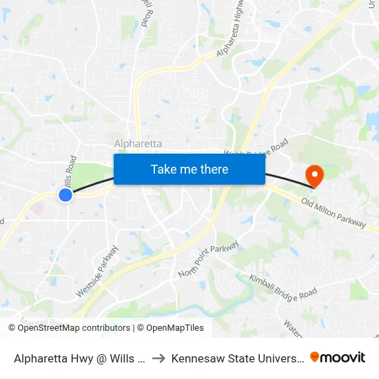 Alpharetta Hwy @ Wills Rd to Kennesaw State University map