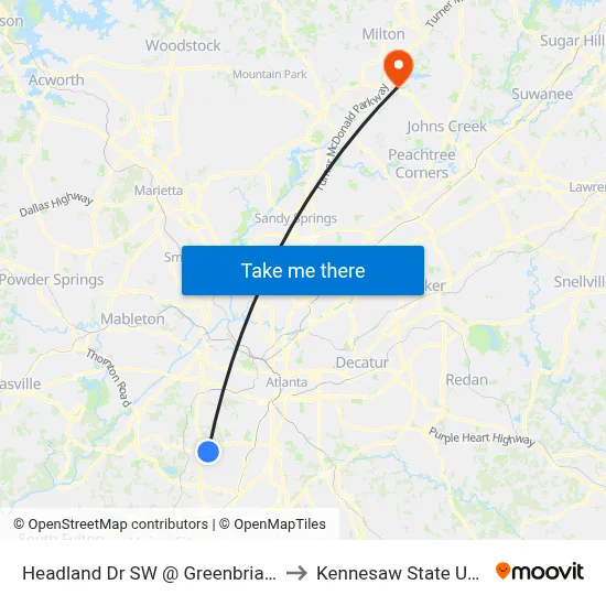 Headland Dr SW @ Greenbriar Pkwy SW to Kennesaw State University map