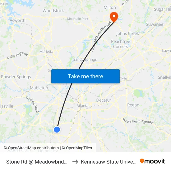 Stone Rd @ Meadowbridge Dr to Kennesaw State University map